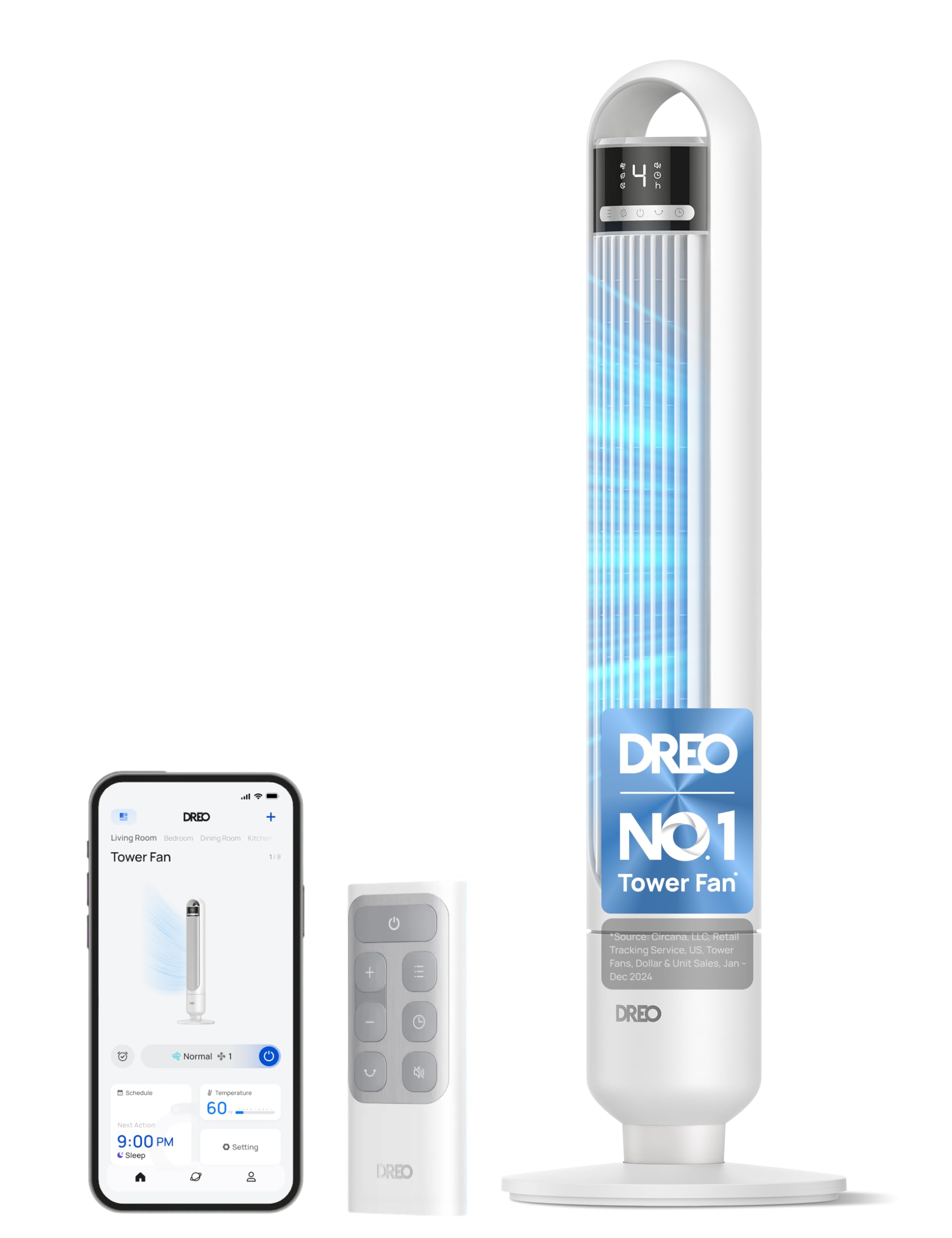 DREO Smart Tower Fan for Bedroom& Home, 26ft/s Powerful Airflow, 33ft Coverage, 1-12H Timer, 4 Speeds, 3 Modes, 28dB Bladeless Fan with App & Voice Control, 90° Oscillating Cooling Fan, LED Display