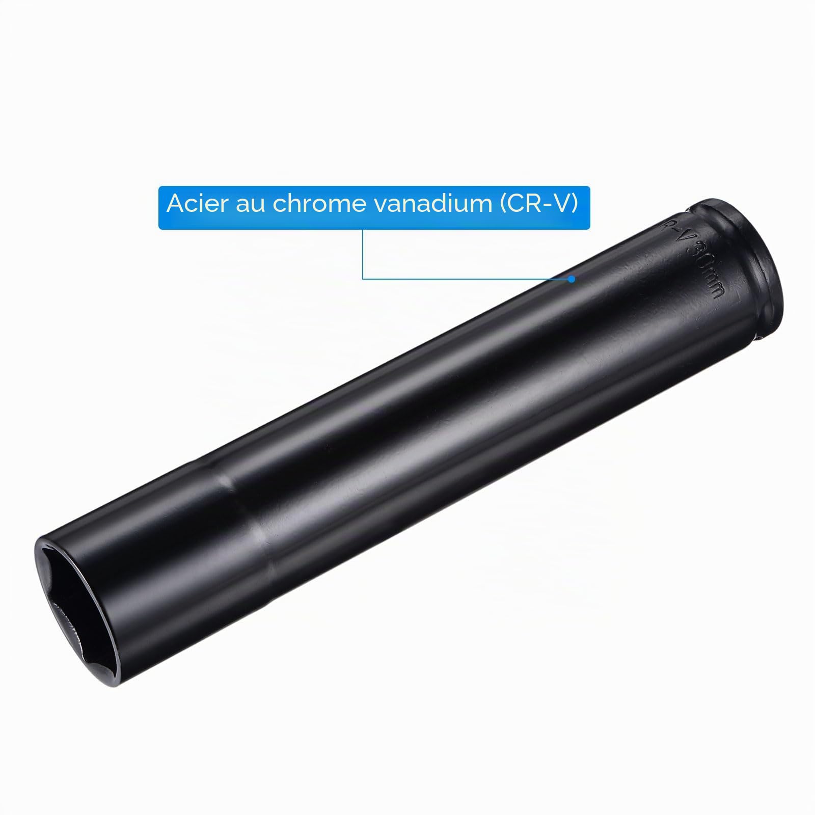 sourcing map Douille Impact 30mm 1/2" Empreinte Profondeur Traité thermiquement douille à choc CR-V Acier 200mm (8") Longueur 6 points Dimensions métriques