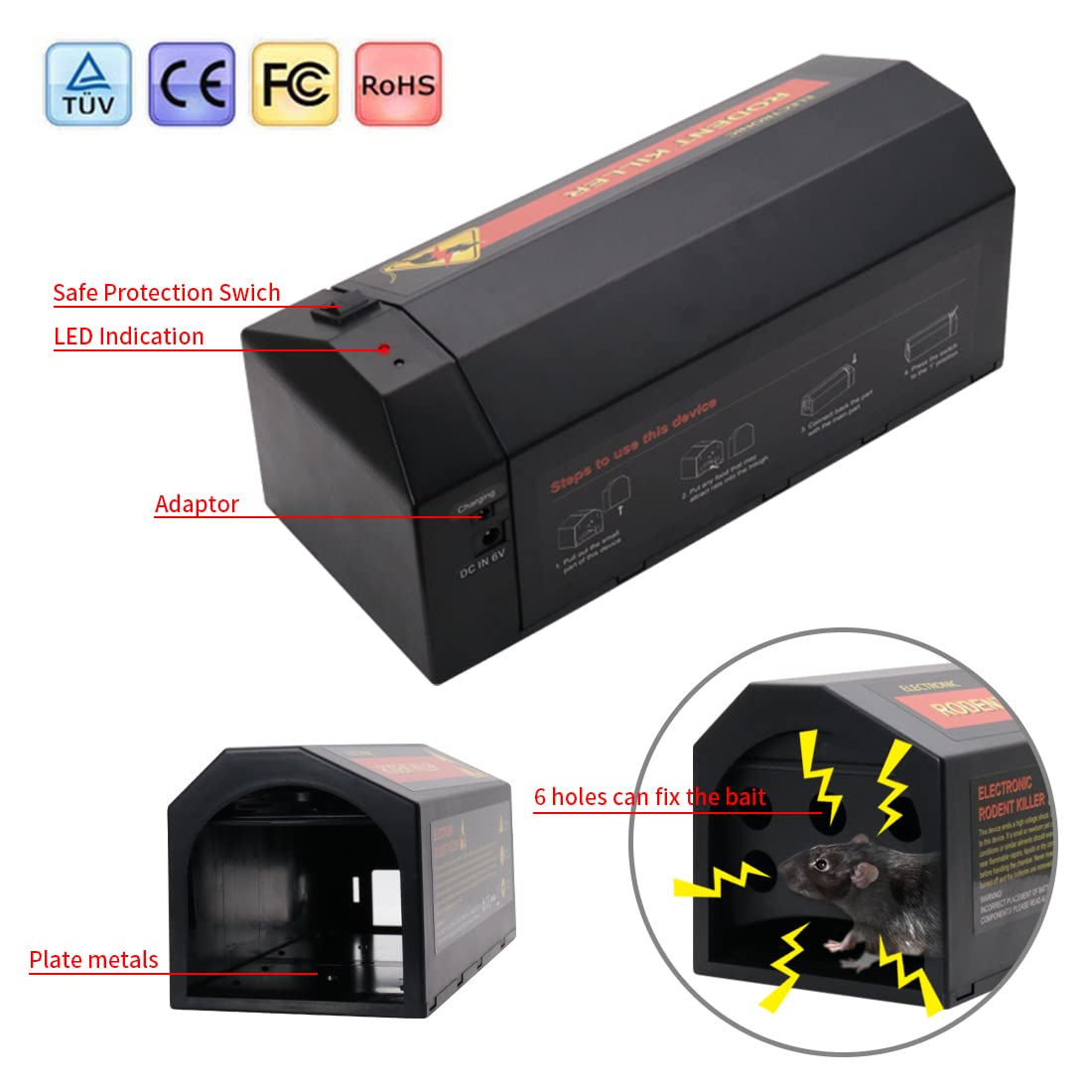 2x Trappola mouse elettrica per uso domestico, garage e cucina con porta anti-furto, 7000V ricaricabile e riutilizzabile