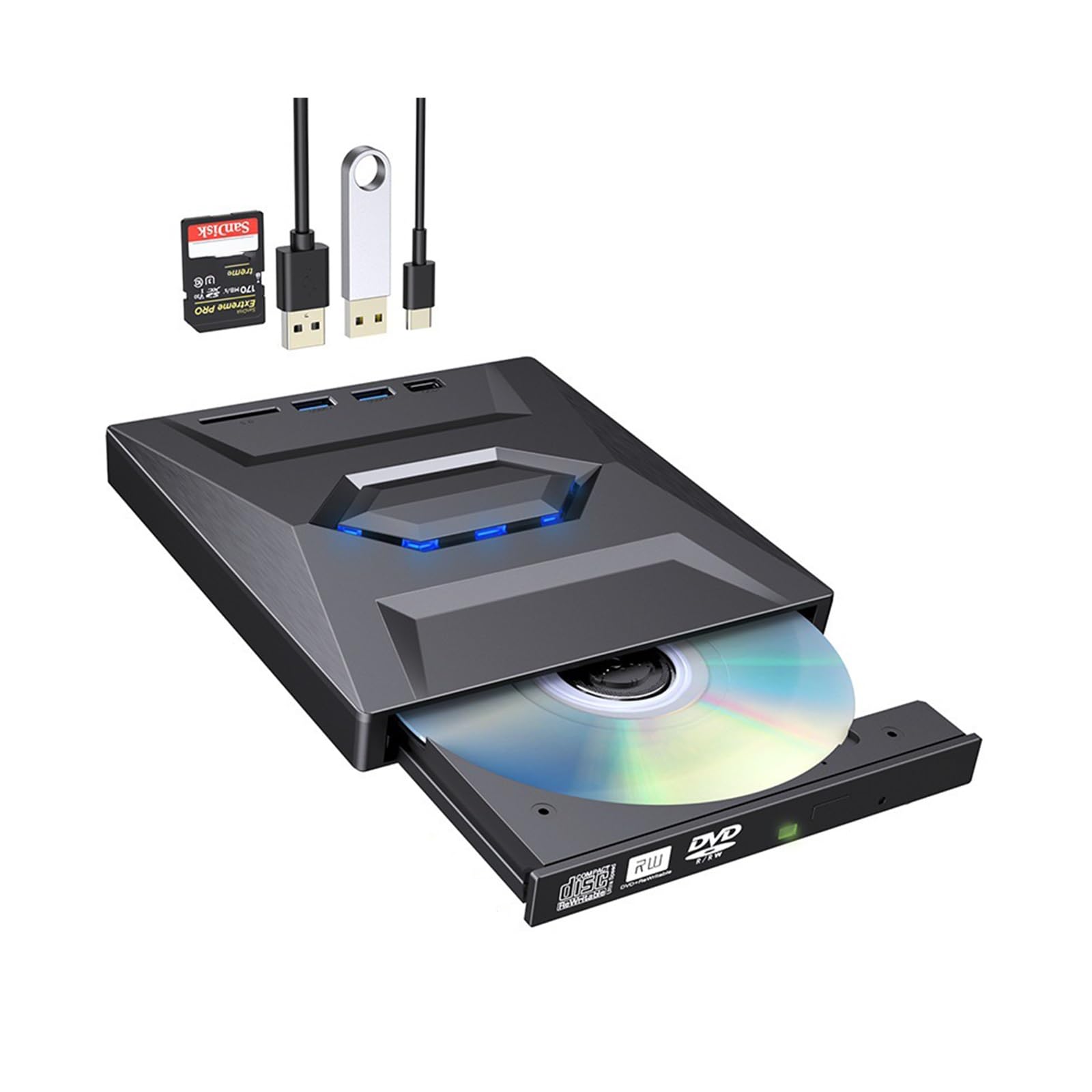 Ultracienki zewnętrzny napęd -ray DVD USB 3.0 i Type-C, nagrywarka optyczna 7 w 1 z czytnikiem kart SD, przenośny odtwarzacz CD/DVD do laptopa, komputera stacjonarnego, komputera PC