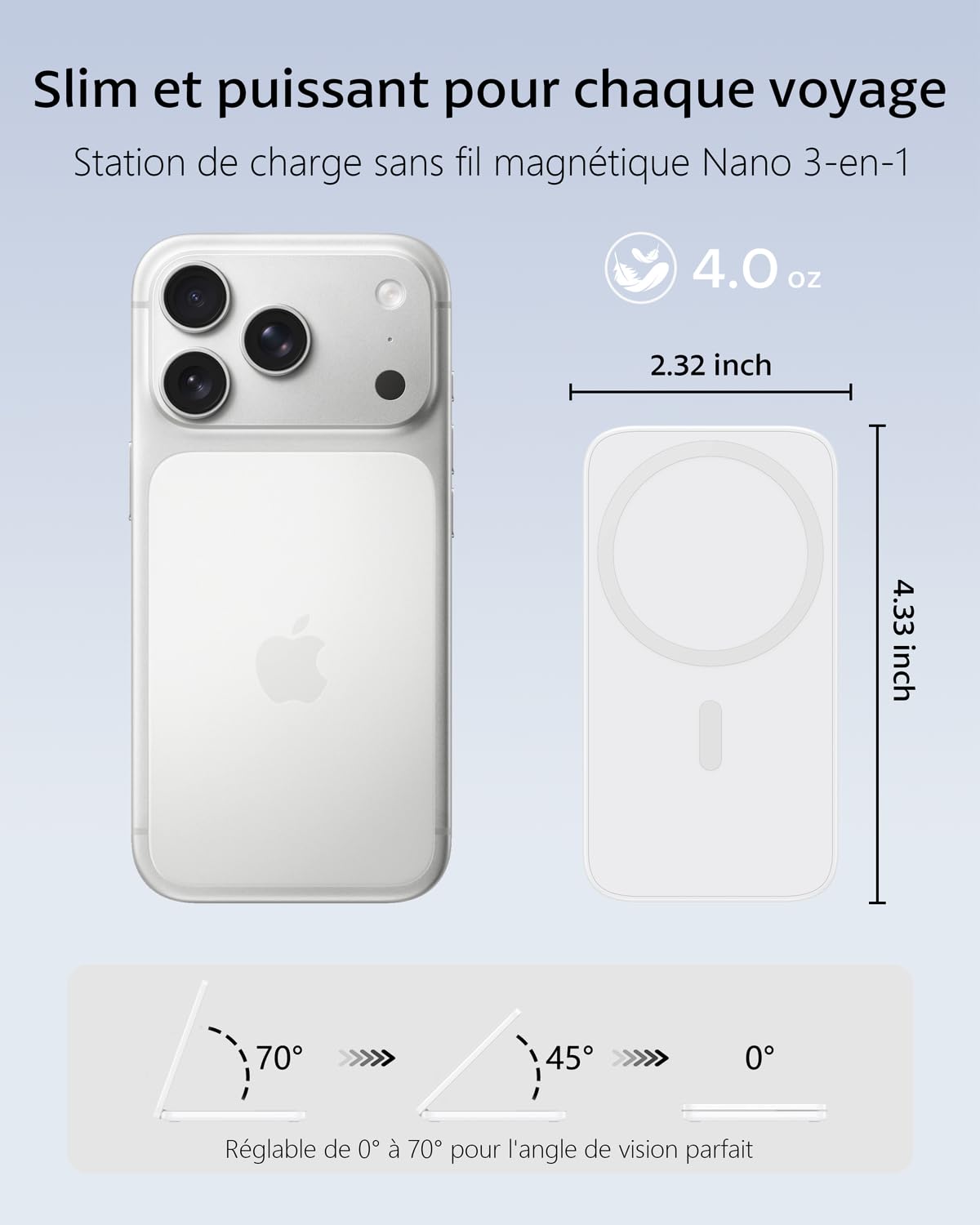 Chargeur Induction iPhone 3 en 1 Compatible MagSafe, Station de Charge sans Fil Magnétique Pliable 15W pour iPhone 17/16/15/14/13/12, Apple Watch et AirPods Support de Recharge (Blanc)