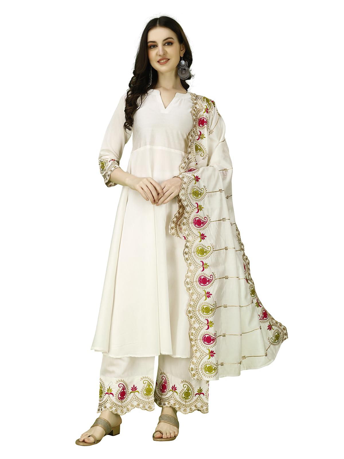 Pratham Blue Women's Silk Embroidered Anarkali Kurta With Palazzos And Dupatta (Pb-6146-L_White)