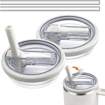 2 Pack 40 oz Tumbler Flip Straw Lid Replacement for Stanley Quencher H2.0, Leak Proof Spill Proof Lid Compatible with Stanley Cup, Tumbler Accessories Cream White
