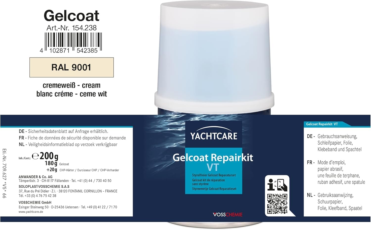 Yachtcare Gelcoat VT RAL9001 - Kit de reparación sin estireno, 200 g, para pequeños arañazos y astillas, Ideal para Barcos, caravanas y autocaravanas