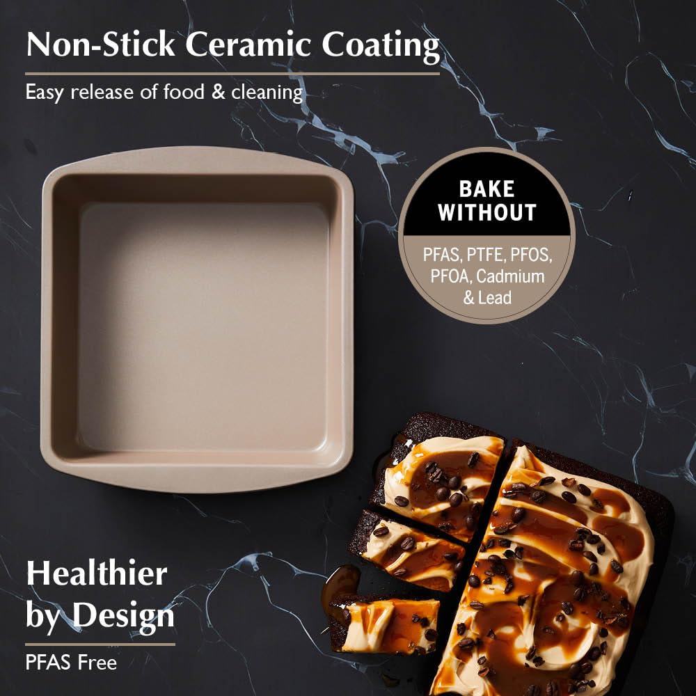 Stanley Rogers Ceramabake Moule à gâteau carré en céramique antiadhésif sain 20 x 20 x 5 cm – Cuisson sans PFAS PTFE PFOS PFOA cadmium et plomb – Idéal pour les brownies, les gâteaux et la pâtisserie