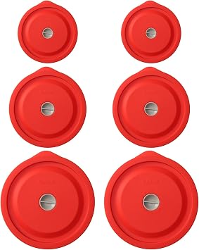 Replacement Lids for Pyrex 7200-PC 2 Cup and 7201-PC 4 Cup and 7402-PC 6/7 Cup, Silicone Round Storage Cover Lid for Anchor Hocking Glass Bowl 6 Pack Red