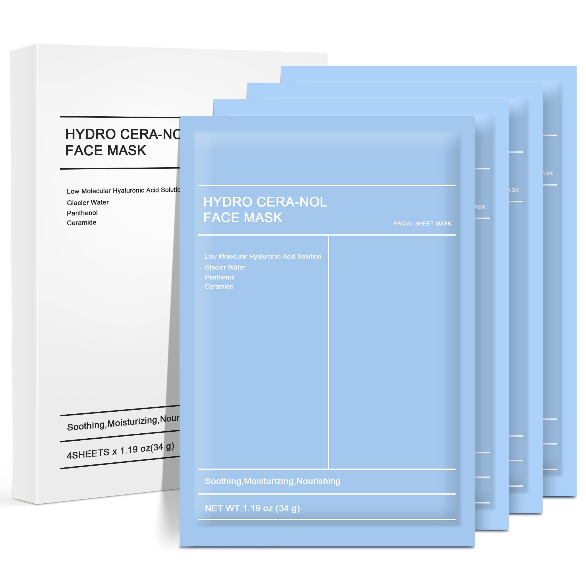 HYDRO CERA-NOL Face Mask, Real Deep Hyaluronic Acid Hydrating Sheet Masks, Nourishing, Brightening and Smoothing Skin