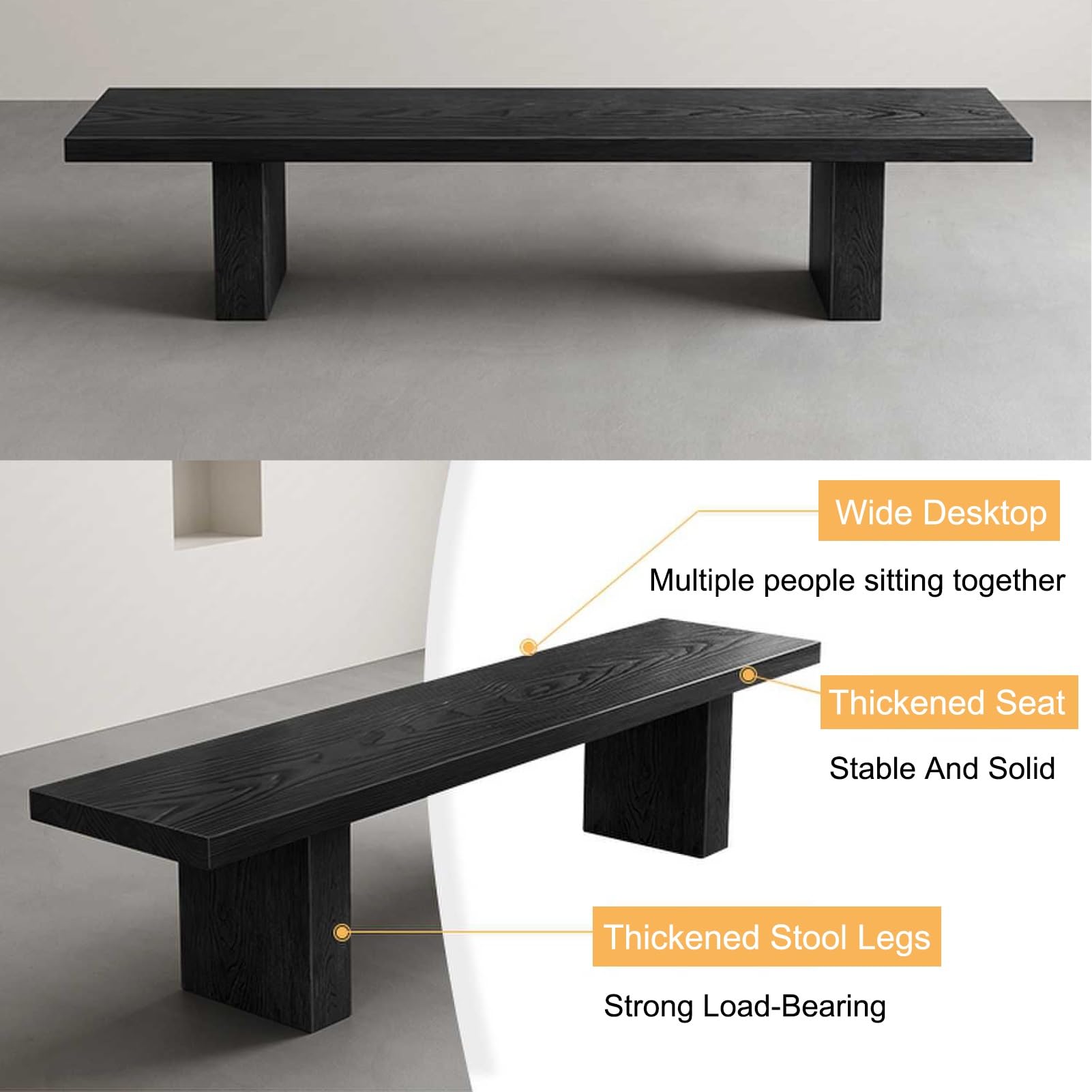 Banc de salle à manger en bois massif noir – 180 cm – Sièges d'intérieur polyvalents pour foyer, salon et balcon – Meuble d'entrée et de chevet robuste