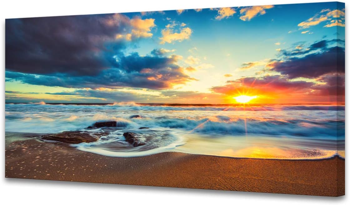 S04450 Wall Art Canvas Print Beautiful Cloudy Sunset Sky Scenery Ocean Picture Paintings on Canvas Sea Waves Beach Modern Artwork Framed Ready to Hang for Living Room Wall Decor Home Office