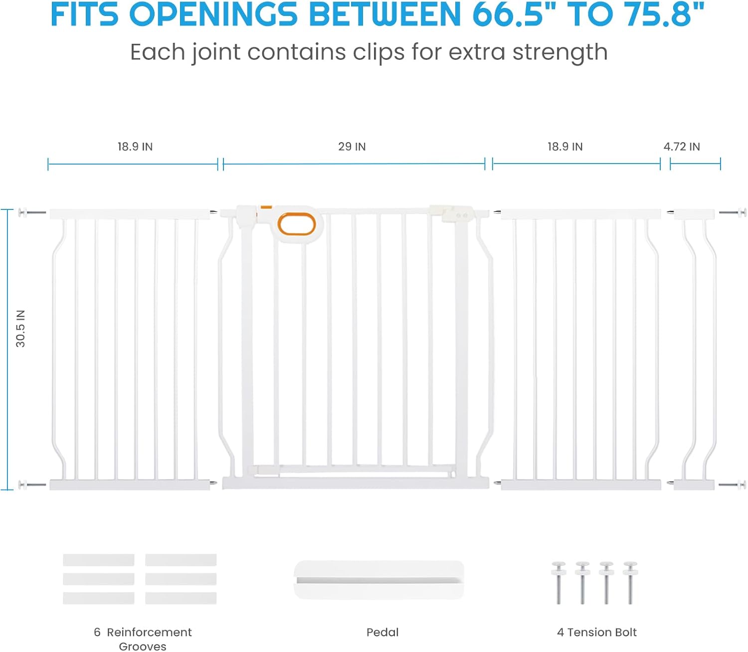 owlie Baby Gate with Door 66-75 Inch, Extra Wide Stair Gates for Kids Adjustable Wide Dog Pet Gate Stairway Large Baby Gates Pressure Mount for Pets for House Stairway Doorway White (30.5'' Tall) White Wide 66-75''