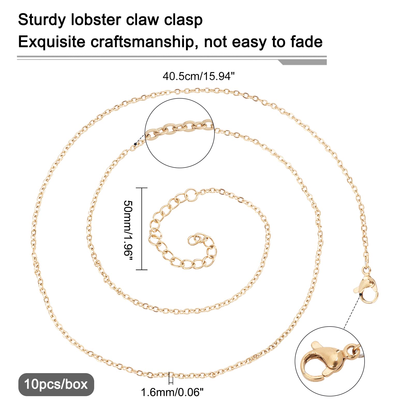 UNICRAFTALE 10pcs 40.5cm Cable Chain Necklaces with Lobster Claw Clasp Stainless Steel Cable Necklace Golden Chains for DIY Necklace Jewelry Making 1.6mm Wide - Image 4
