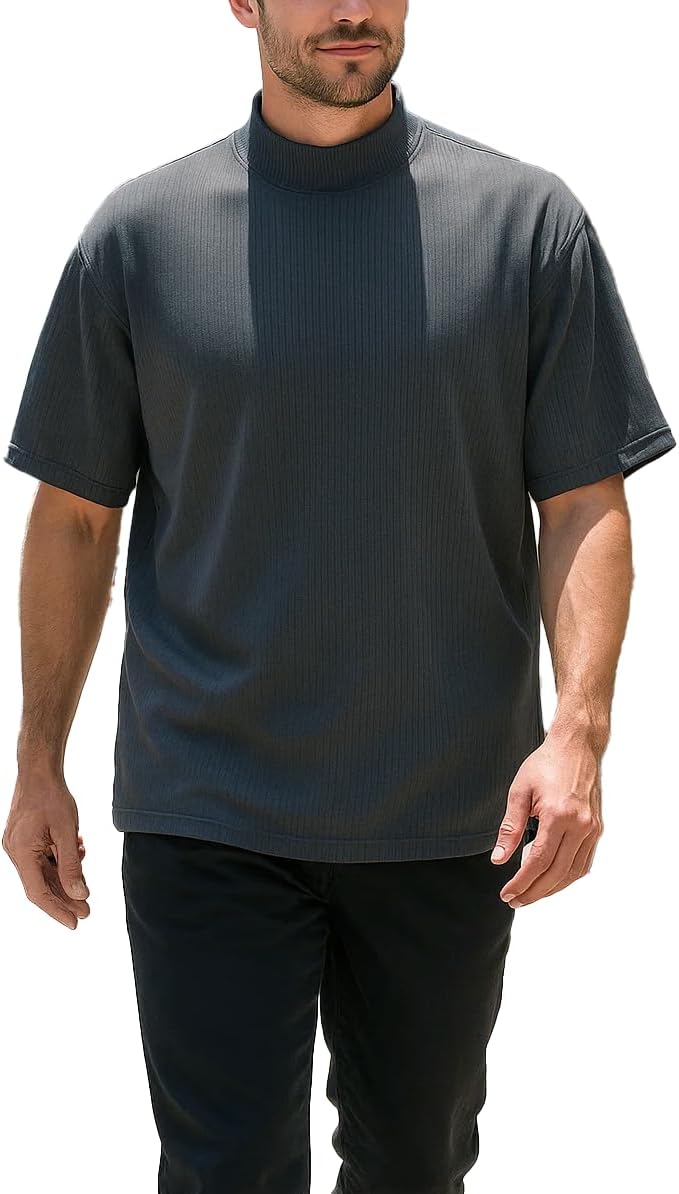 Akwa Men’s Mock Turtleneck T-Shirt Lightweight Moisture Wicking Short Sleeve Golf Work Ribbed Knit Breathable Made in USA