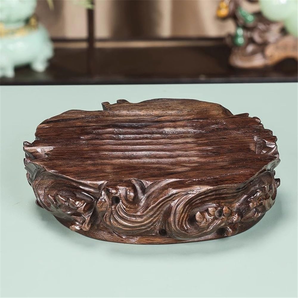 Support à bonsaï Base de bonsaï ronde avec sculpture en relief, vase, théière, présentoir en ébène(Moyen)