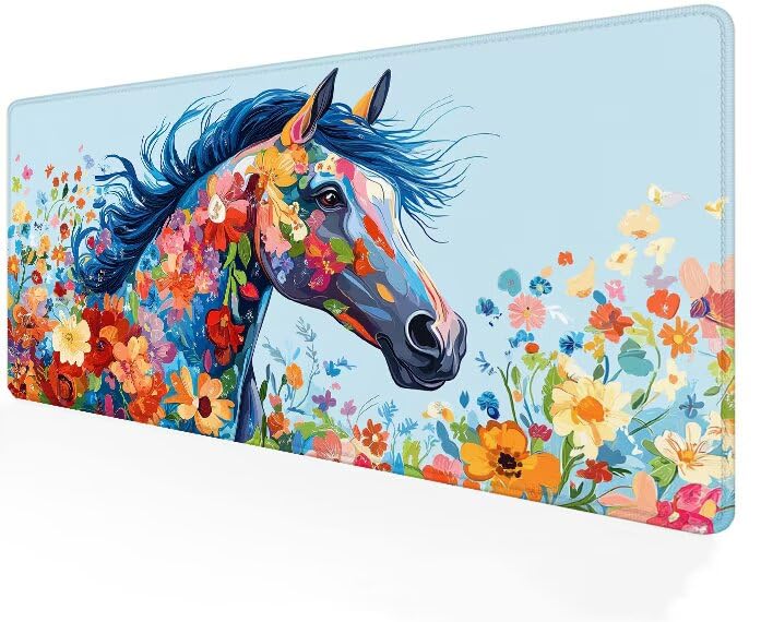 Tapis de souris XXL cheval et fleurs 80x40 cm avec base en caoutchouc antidérapante