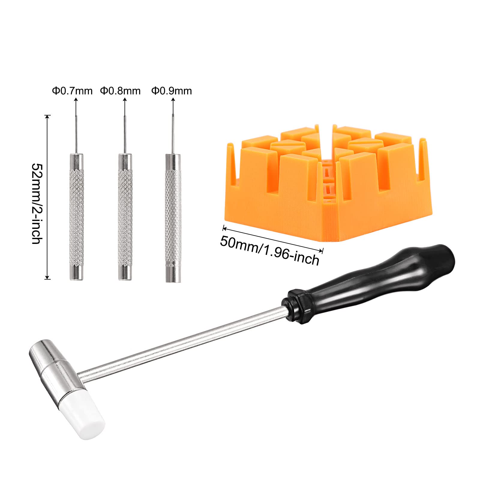 uxcell Watch Band Link Pin Removal Tools Set with Hammer Punch Pins 0.7/0.8/0.9mm Orange Strap Holder for Watch Repair
