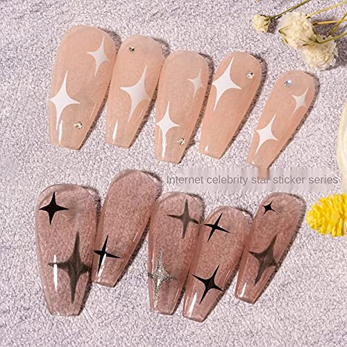 Heart Nail Art Stickers 3D Self Adhesive Nail Decals Shiny Star Decoration Black White Heart Star Fashion Nail Stickers For Women Diy Nails Design French Manicure Art(6 Sheets) #TOP3