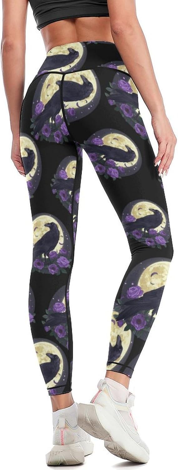 Full Moon Gothic Witchy-Crow-Roses Mystical Yoga Pants Women High Waisted Leggings Workout Athletic Lounge Pant