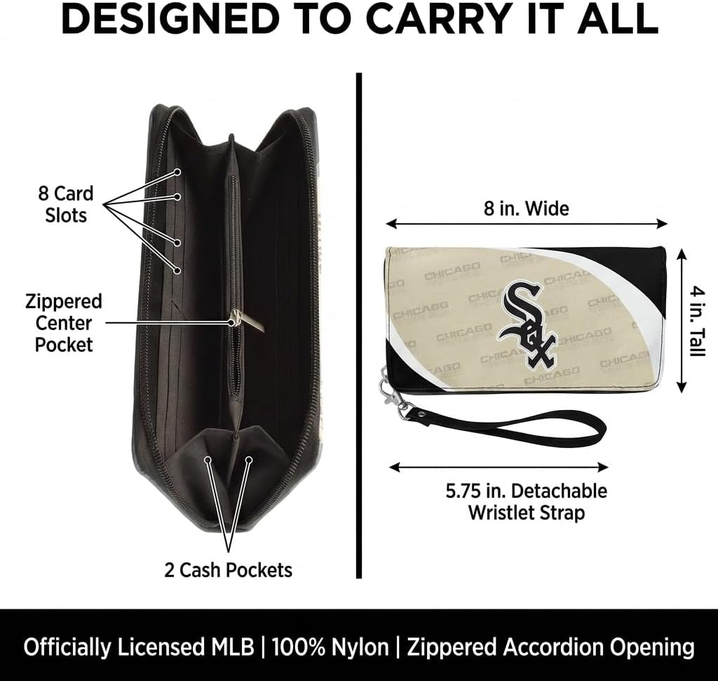 Littlearth MLB Chicago White Sox Curve Zip Organizer Wallet, Wristlet and Wallet in One, Team Color, 8 x 4 x 1 Inches