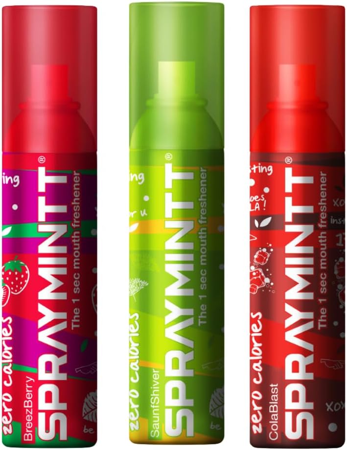 Spraymintt Mouth Freshener | Mukhwas | Breath Freshener | Oral Hygiene |175+ sprays of instant long lasting with Zero Calories Freshness | Brezeberry flavour + Colablast flavour + Saunfshiver flavour | 15g - Combo of 3