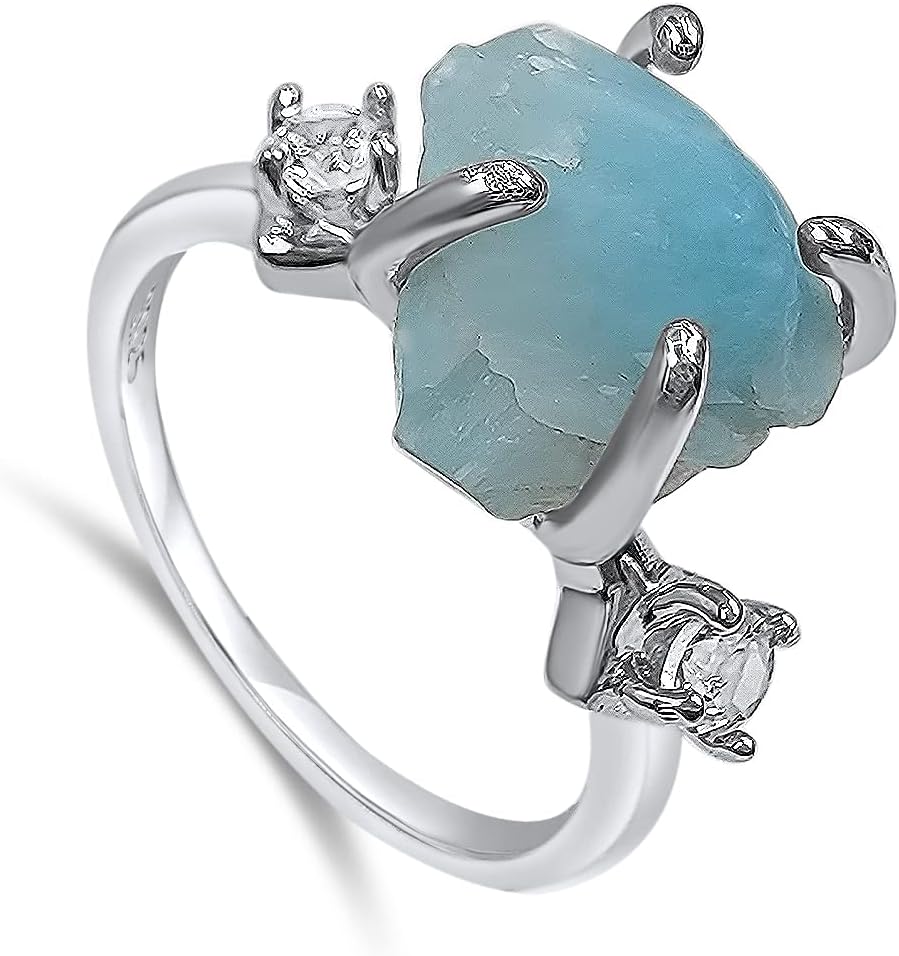 Real Raw Crystal Ring Birthstone sterling silver White Gold statement Jewelry gift for her Christmas Mothers Day Birthday Valentine Statement Ring Gift Uniquelan Jewelry