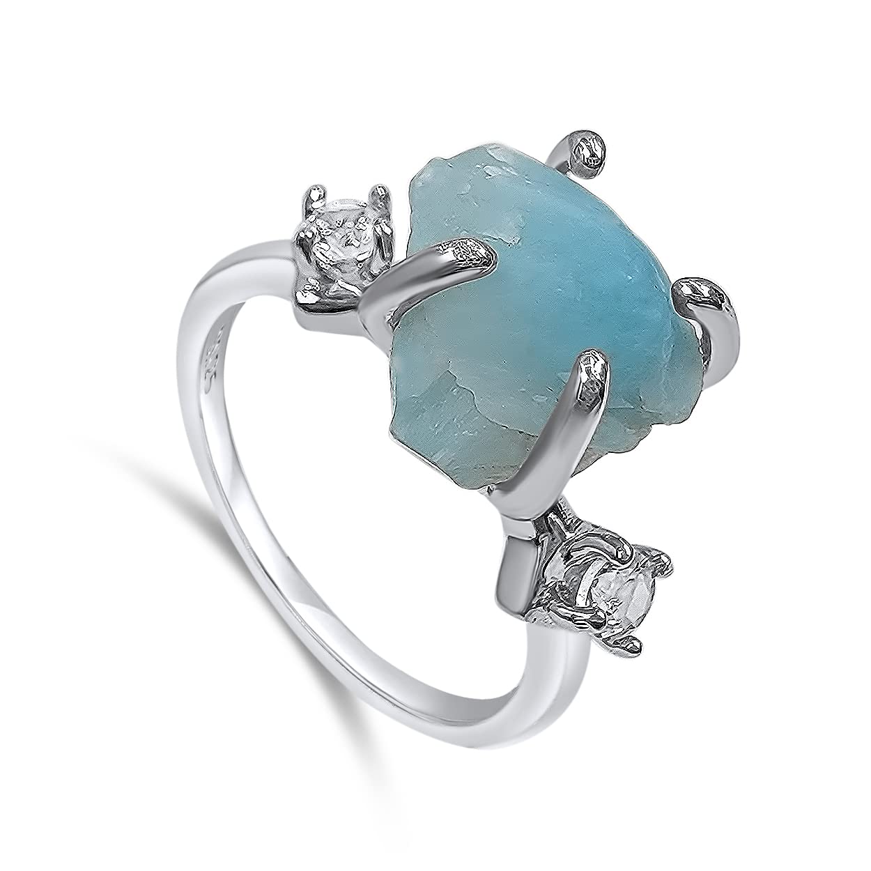 Real Raw Crystal Ring Birthstone sterling silver White Gold statement Jewelry gift for her Christmas Mothers Day Birthday Valentine Statement Ring Gift Uniquelan Jewelry (larimar, 6)