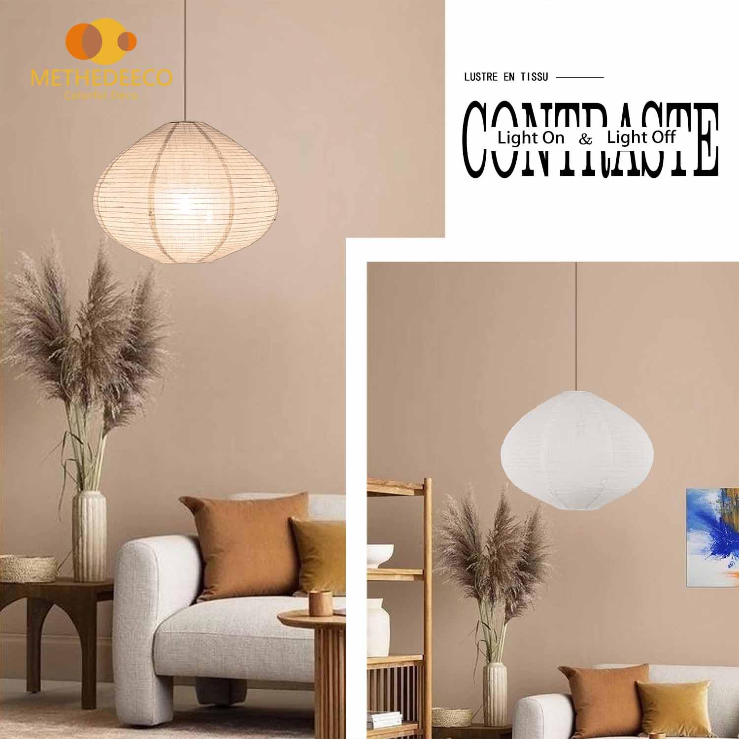 METHEDEECO Lot de 2 Abat-Jours Suspendus en Lin 40 cm, Abat-Jour Tissu Blanc Beige pour Lampe Suspendue, Lumière Douce, Style Minimaliste Bohème pour Salon Chambre Salle à Manger