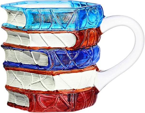 Handmade Glass Book Coffee Mug, 11oz, Stackable 3D Design, Blue and Amber Colored (Colorful#1, Small)