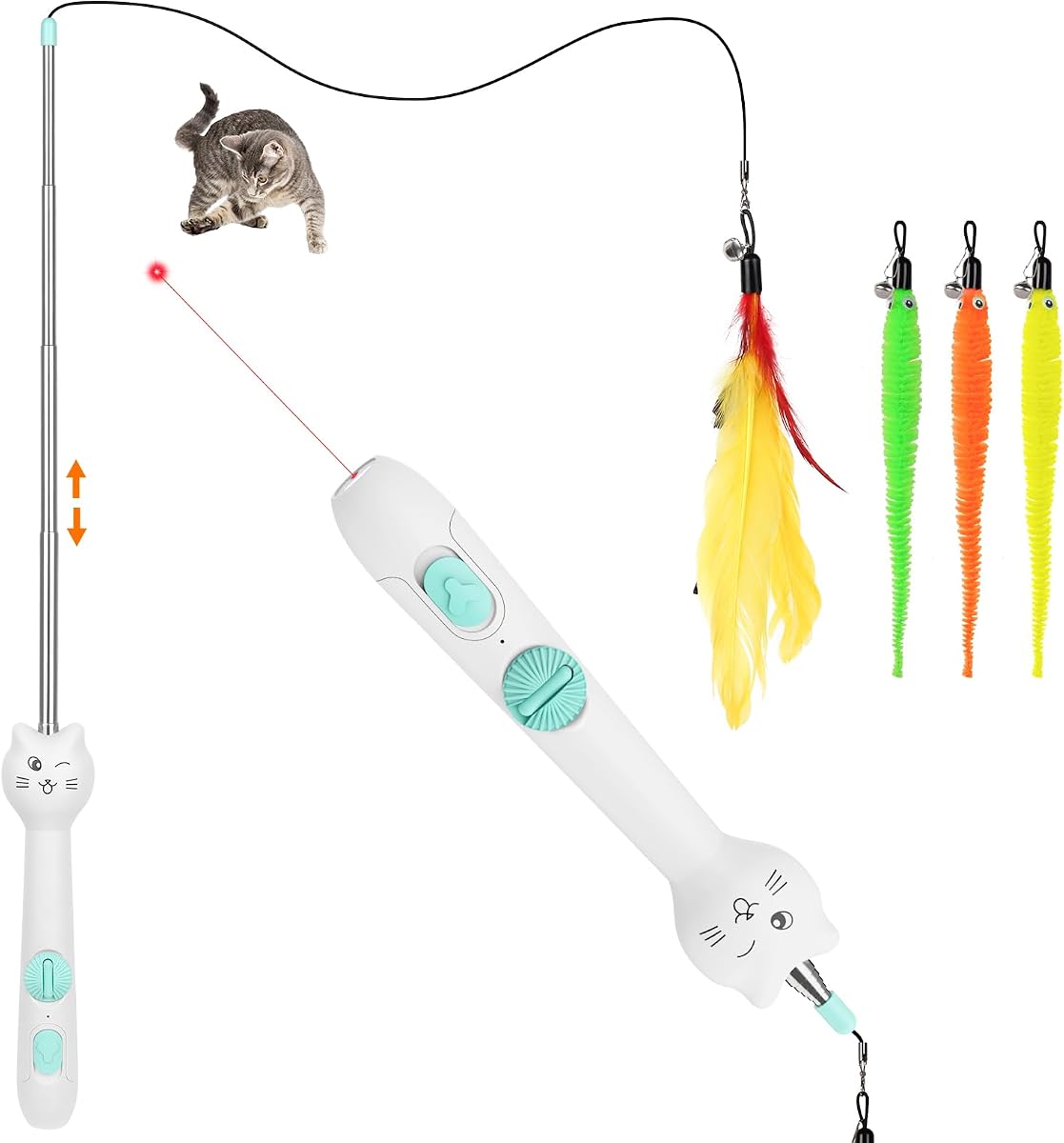 TBTeek Cat Toys Varita retráctil de juguete con pluma para gatos de interior | con luz y poste retráctil de 22" con pluma, recargable, 5 modos, varita de juguete interactiva 2 en 1, 3 recambios