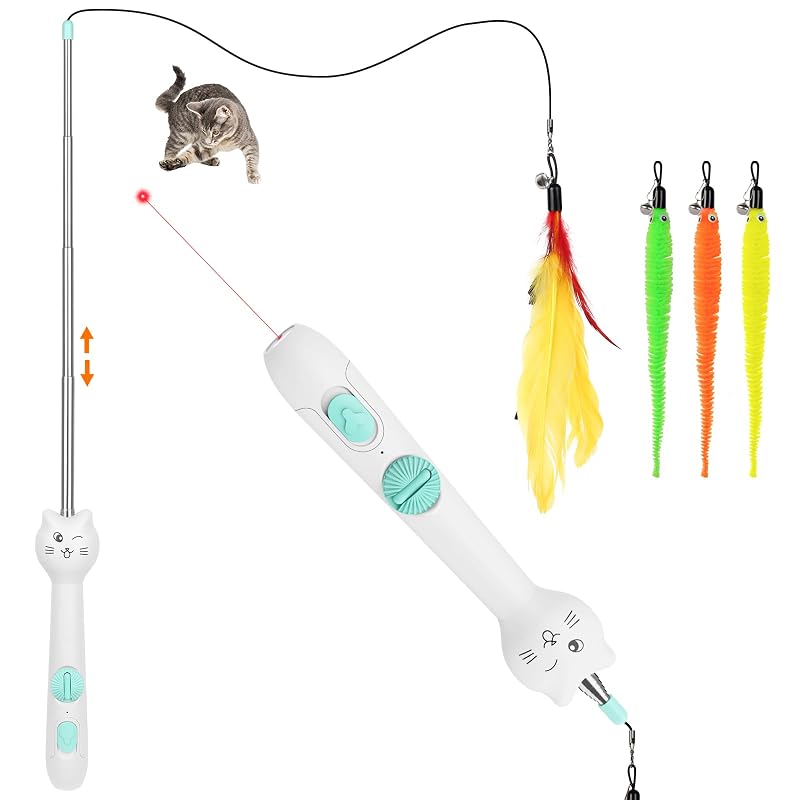 Brinquedo interativo para gatos TBTeek com vareta retrátil, luz e penas – 1 unidade