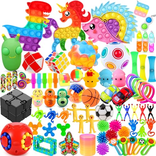 Paochocky Fidget Toy Set, 80PCS Fidget Toys Pack, Relief Stress Green Bug Toy, Sensory Anxiety Decompression Toys for Autism, Hedgehog Unicorn Dinosaur Relaxing for Adults Kids Birthday Party Gift