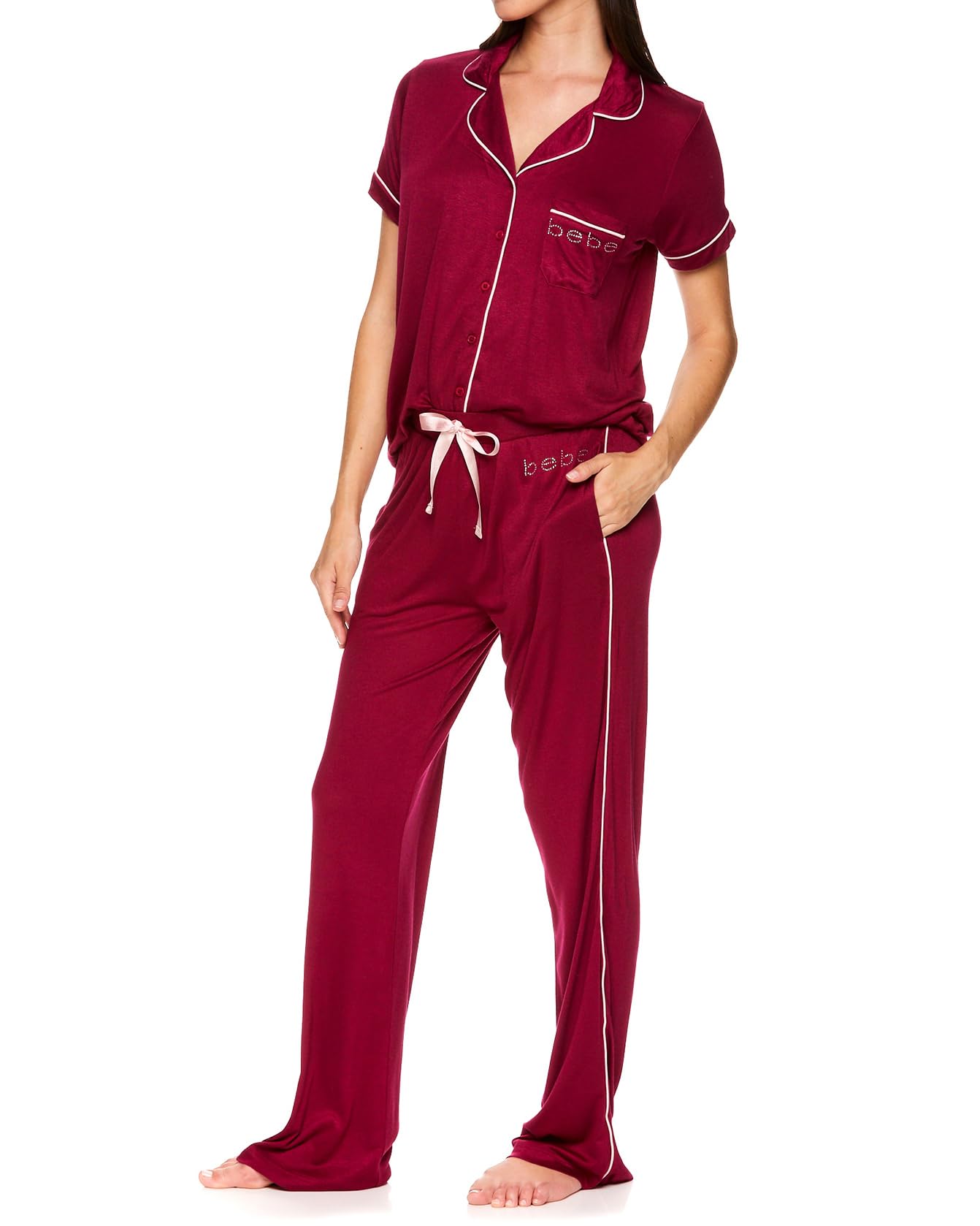 bebe Womens 2 Piece Bridesmaid Pajamas Set Short Sleeve Button Down Shirt and Pants