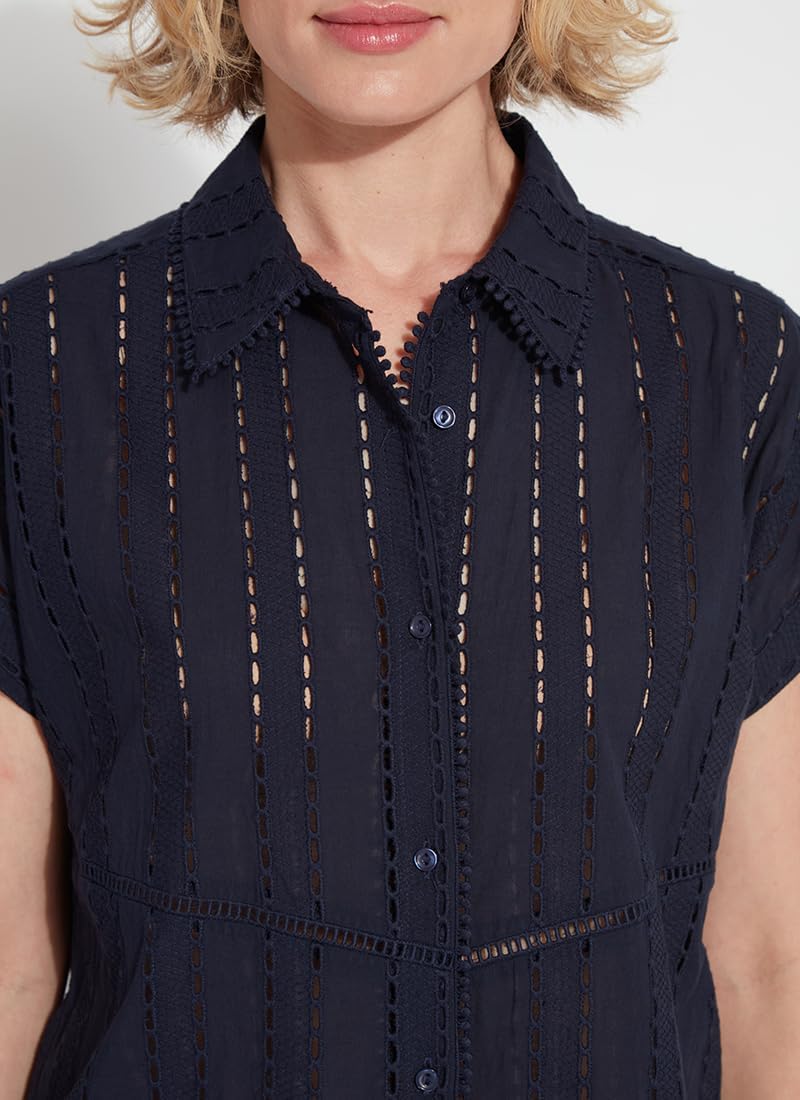 Lyssé Cornet Eyelet top for Women Short Sleeve, Button Down Shirt - Light Weight Cotton Eyelet top with Lace Detailing - Image 3