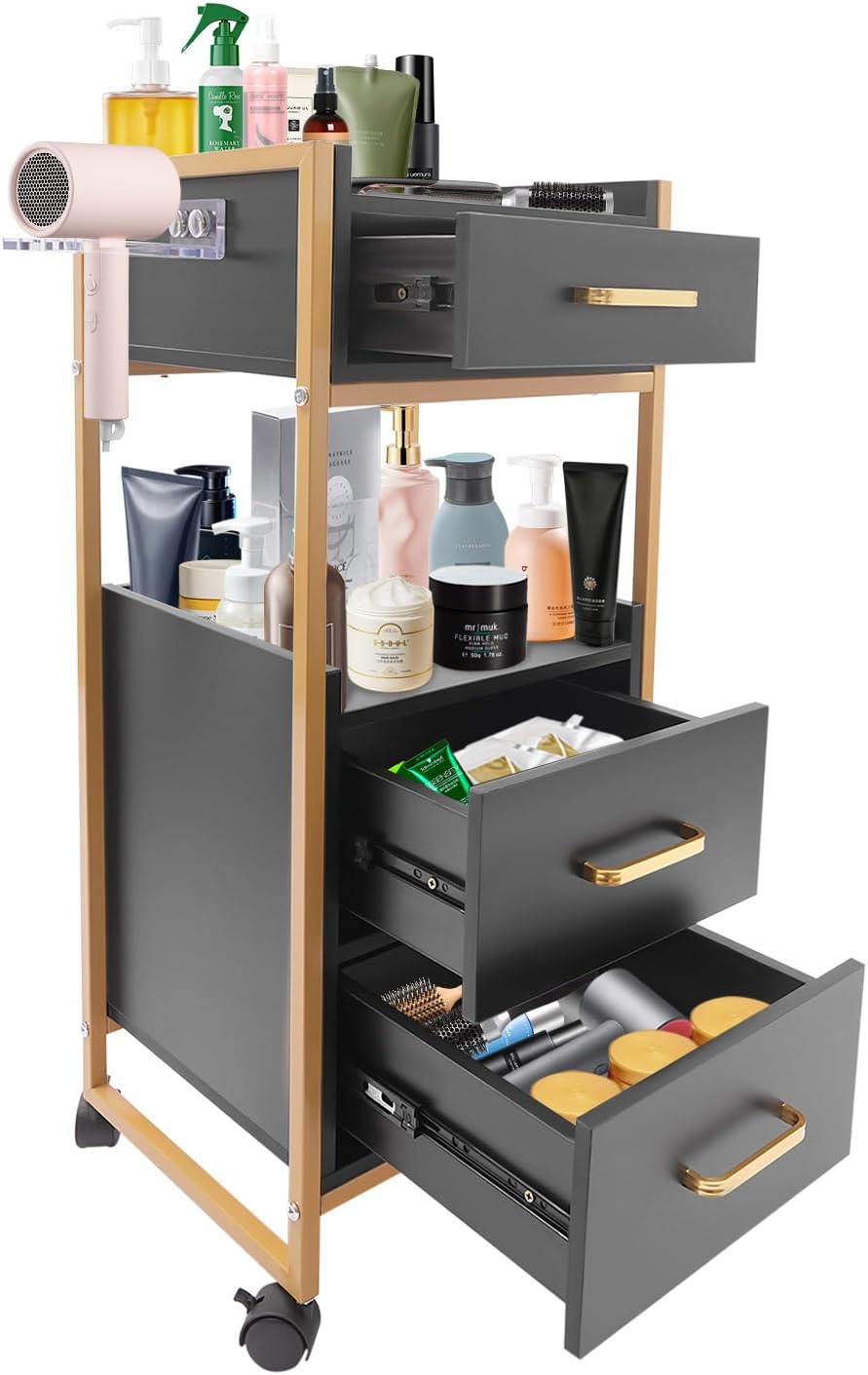 Salon Storage Cart,Beauty Salon Storage Trolley Cart,Rolling Hairdressing Salon Cart on 4 Wheels (2 Lockable) for Spas,Locker Rooms,Barber Stores (Gold, White)