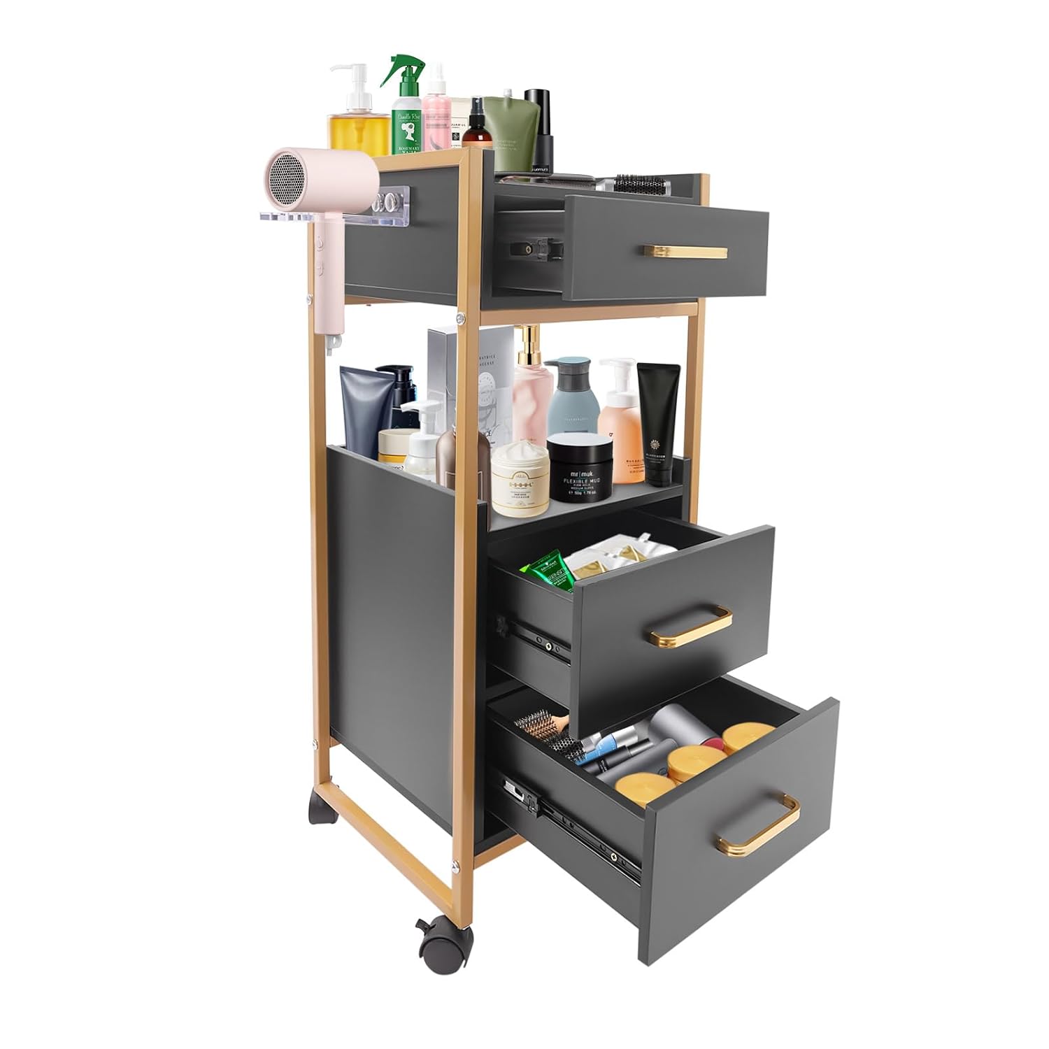 Beauty Salon Storage Trolley Cart,Rolling Hairdressing Salon Cart with Drawer Dryer Holder, 176.37lbs for Barber Shop