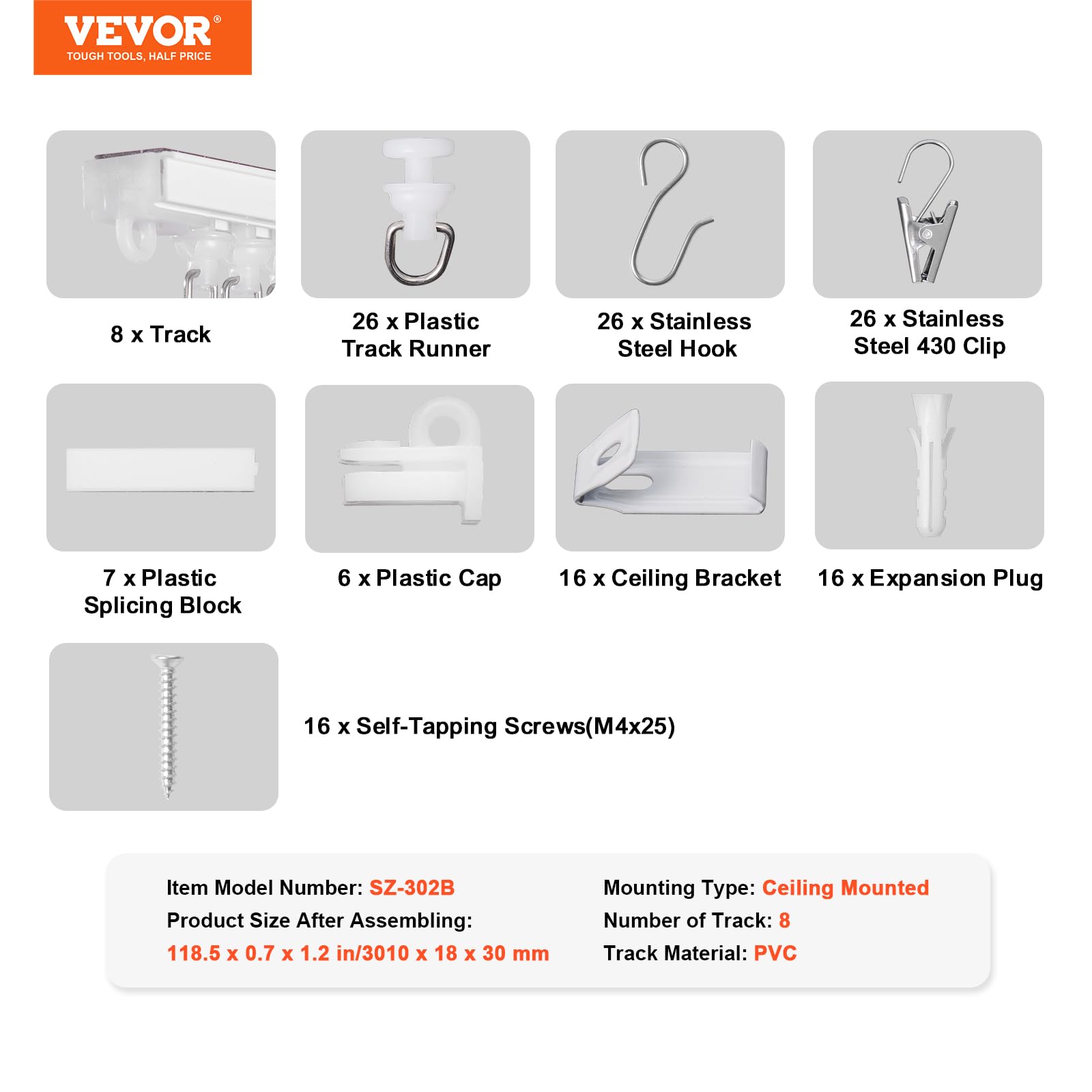 VEVOR Binario per Tende da Soffitto 3 m, Autoadesivo Sistema di Binari Scorrevoli per Tende Soffitto Senza Foratura, Binario Divisorie per Stanze, con ganci e ferramenta, per Soffitto Soggiorno Bianco
