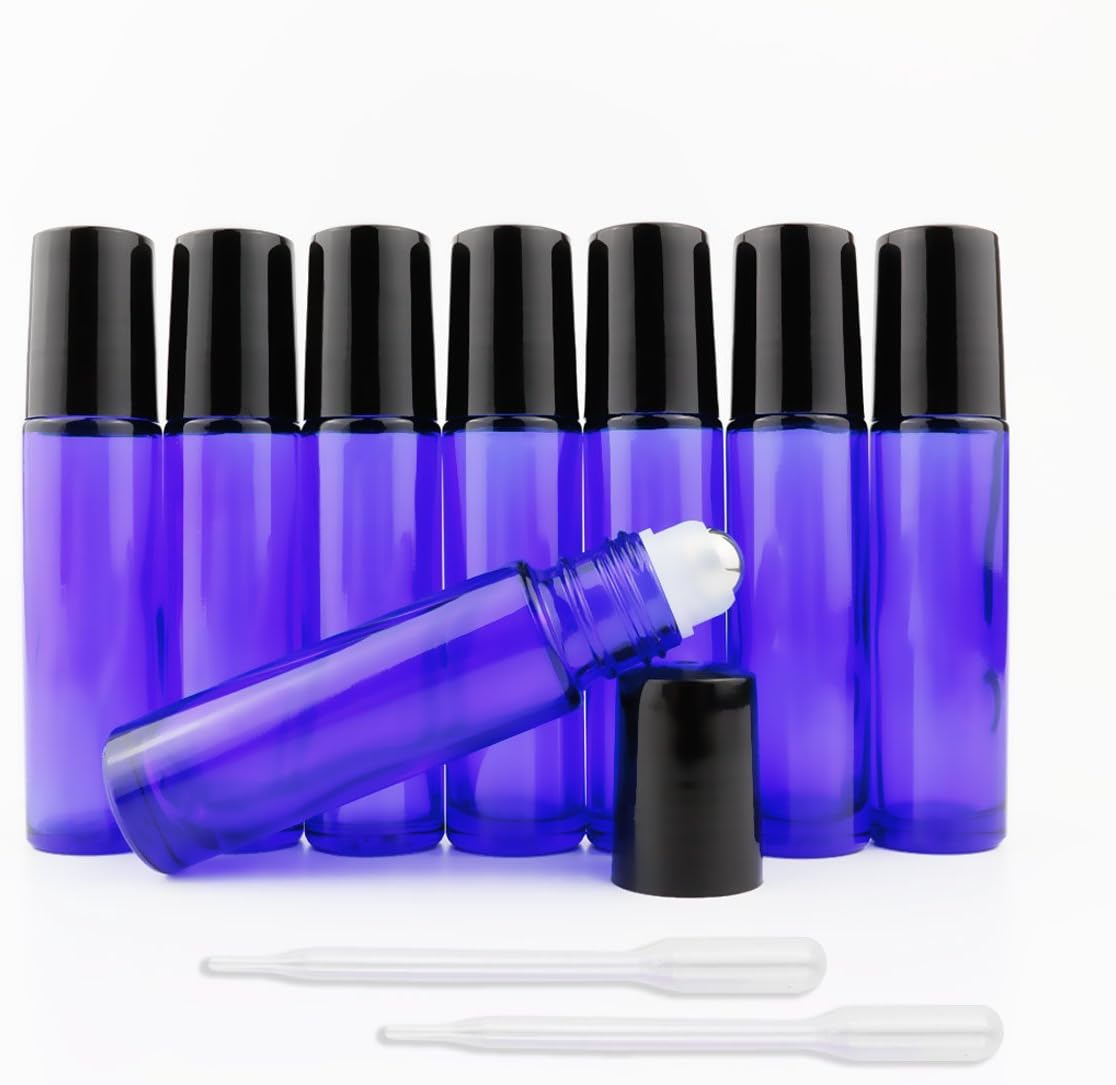 OriFiil Glass Roller Bottles ,Useful for Aromatherapy Fragrance Perfumes , 8 Bottle Set, 10ml,Essential Oils Glass Roll on Bottle with Metal Stainless Roller Ball ( 0.5 ml Dropper included)