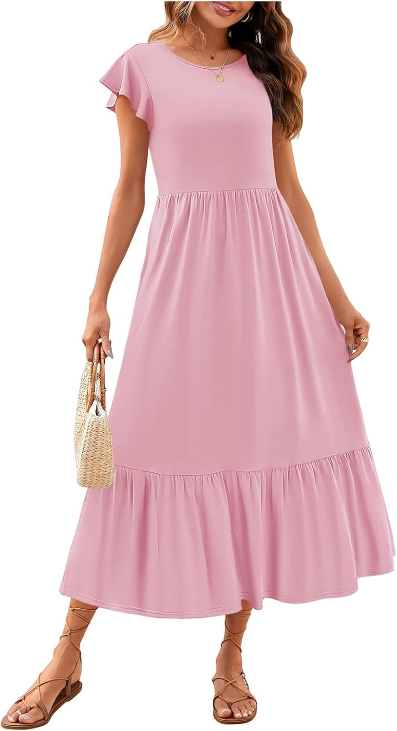 Boho Dresses for Women Summer A Line Midi Dress Flowy Tiered Beach Long Sundress Ruffle Cap Sleeve Vacation Dress