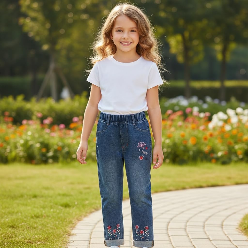 Peacolate 2-6 Ans Printemps Automne Fille Brodé Jeans Pantalons en Jean Skinny