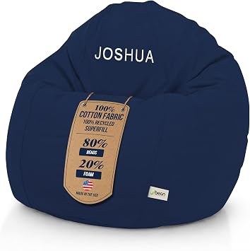 Bean Products Kids Monogrammed Cotton Bean Bag Chair | Filled w/Polystyrene Beads & CertiPUR Foam | 31L x 33W x 20H | Perfect for Teens & Kids | Available in 2 Sizes | Navy