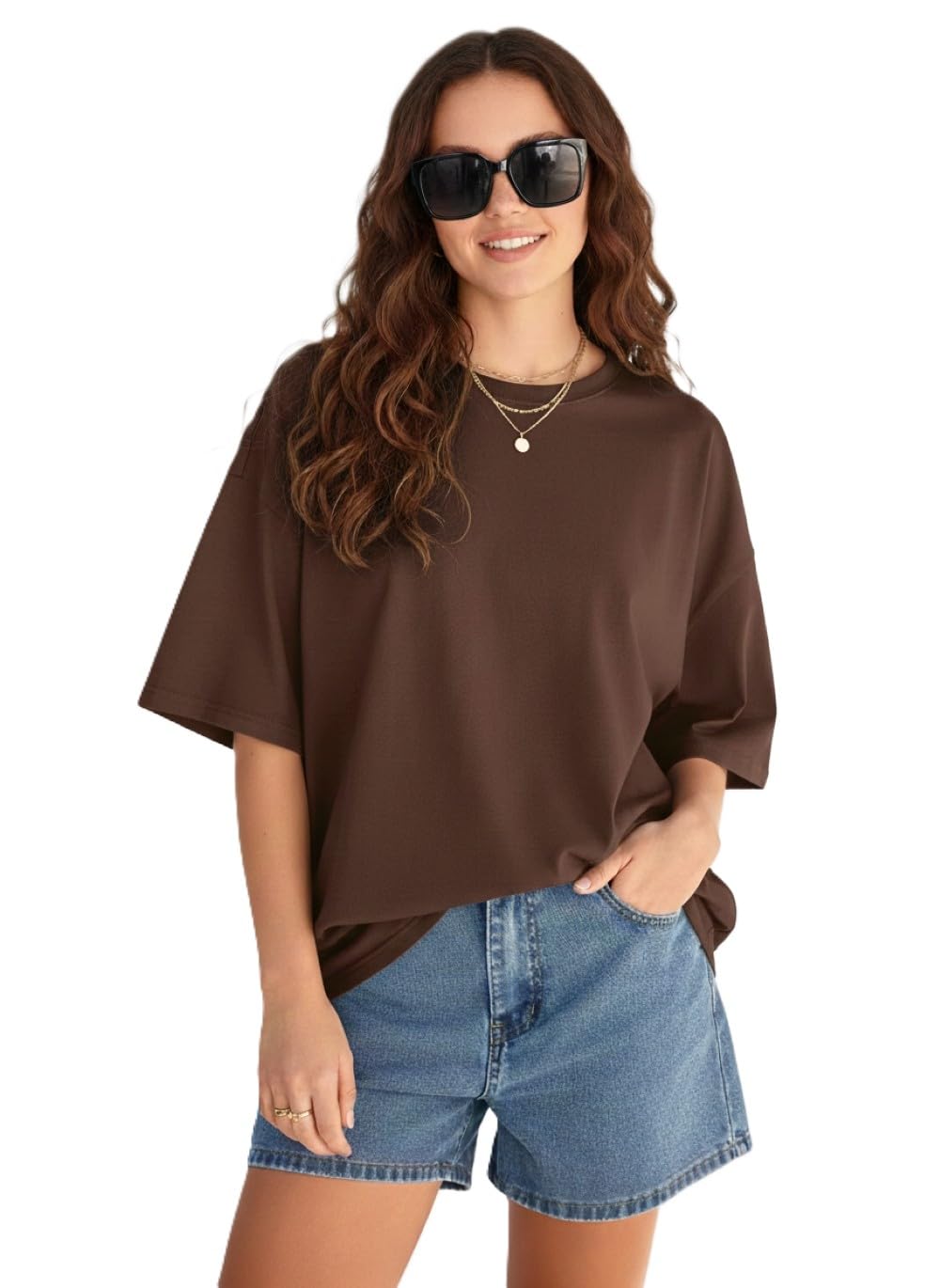 tqh Women's Casual Solid Round Neck Oversized Longline Drop Shoulder T-Shirt-picture-10