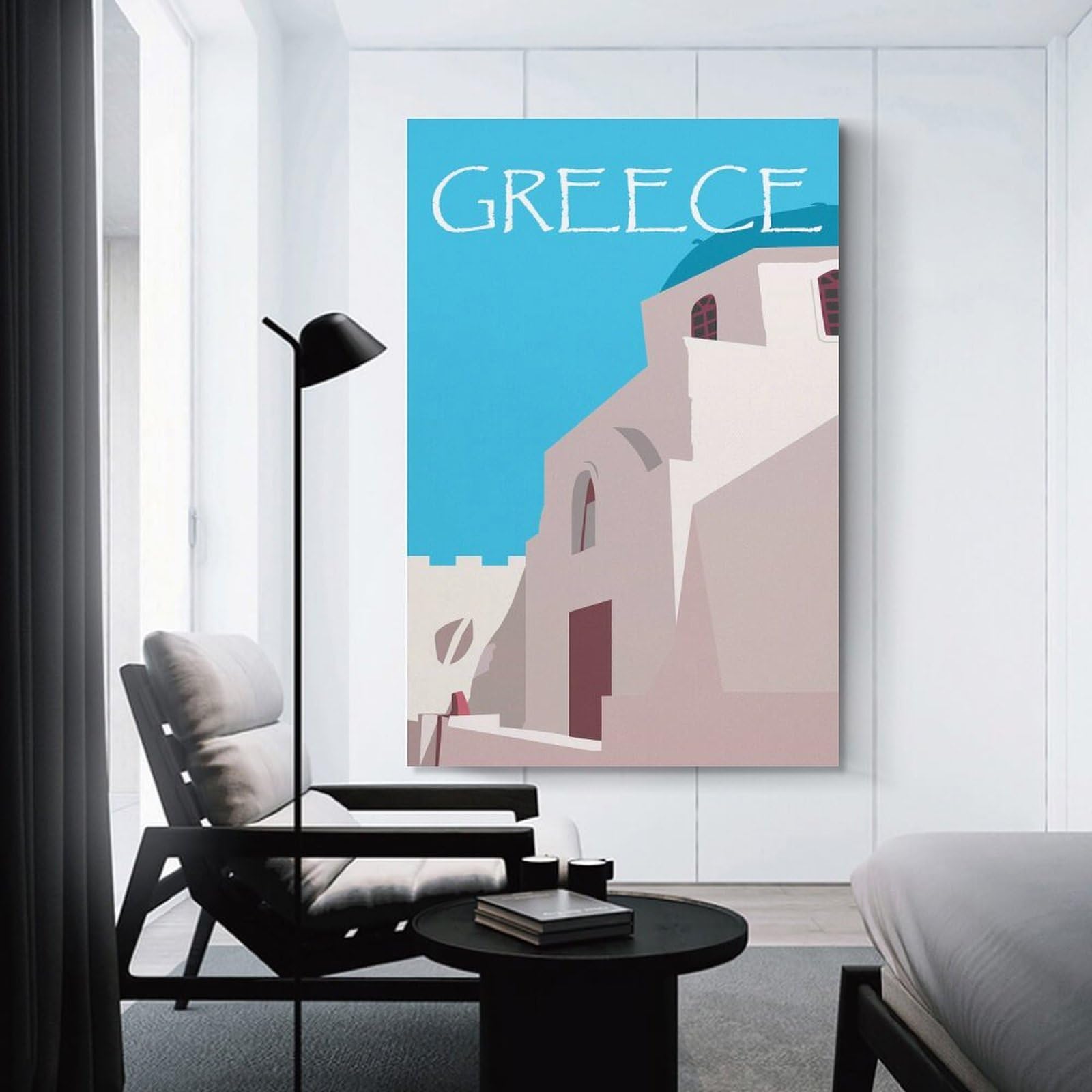 Junmoney Wall Picture Print Greece Church Illustration, 20x30inch(50x75cm), for Living Room, Bedroom Or Home Office, Home Decor Gift with Stylish Appeal