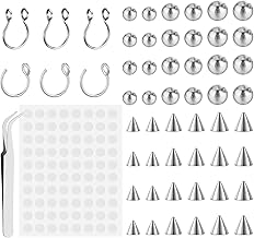54pcs Fake Piercings Fake Eyebrow Piercing Lip Labret Nose Studs 3mm 4mm 5mm Steel Color Piercings Balls For Lip And Eyebrow Non-Piercing With Sticker Tweezers Easy To Wear And Remove