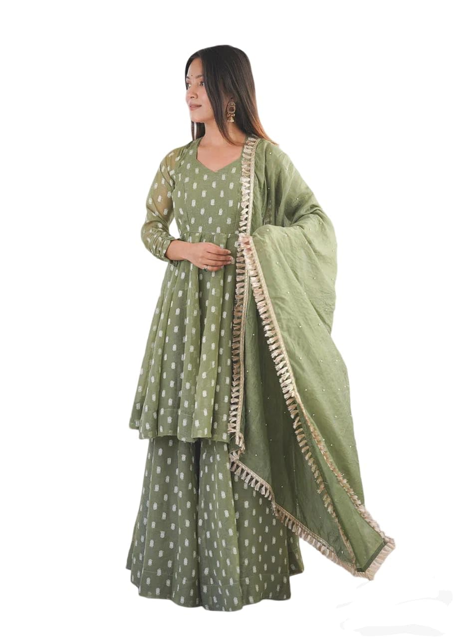 Women's Olive Green Anarkali Kurta with Sharara and Dupatta, Ethnic Wear, 3-Piece Set
