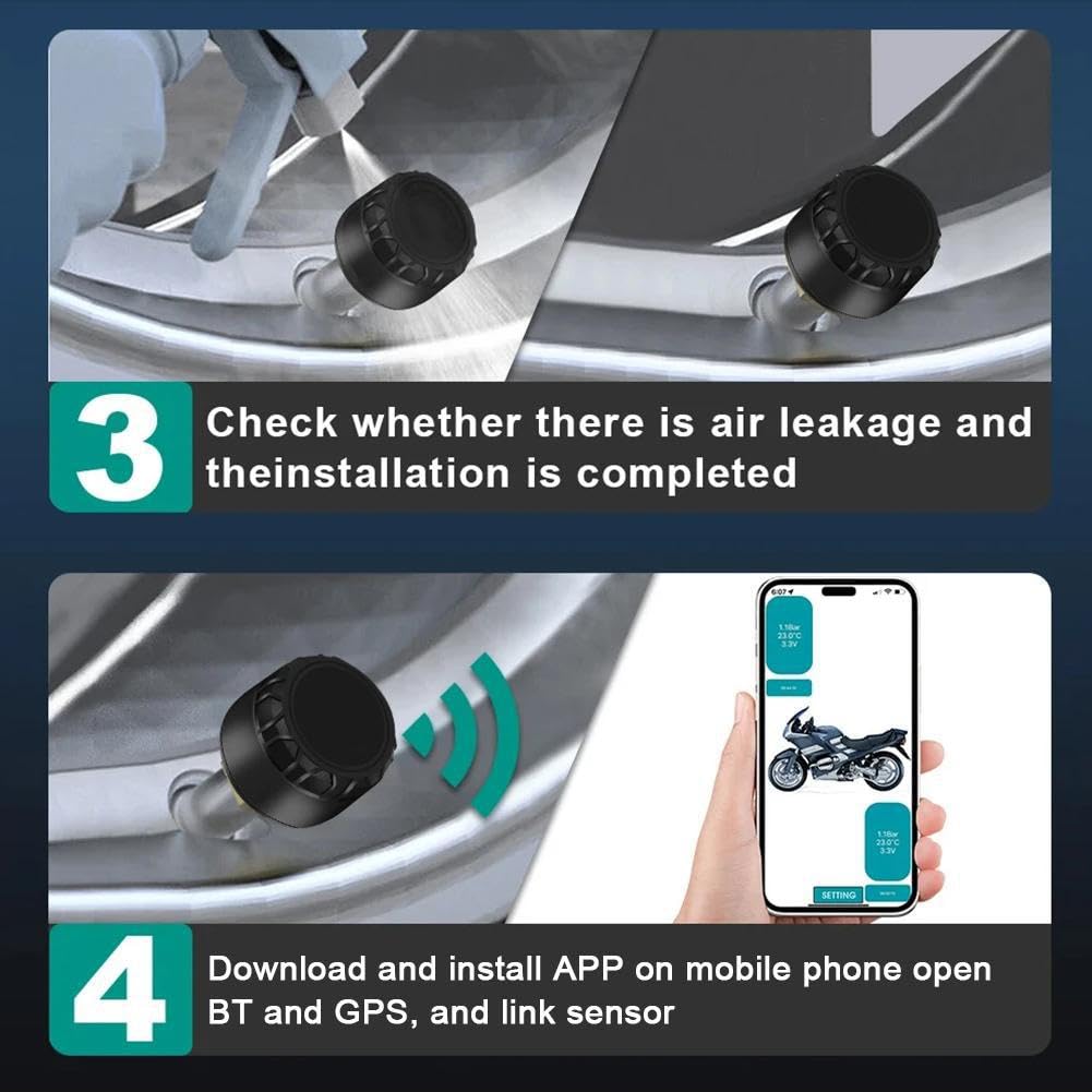 Système de surveillance de la pression des pneus, capteur de pression des pneus TPMS sans fil Bluetooth en temps réel pour voitures, vélos, moteurs, universel pour iOS Android (4 pièces)