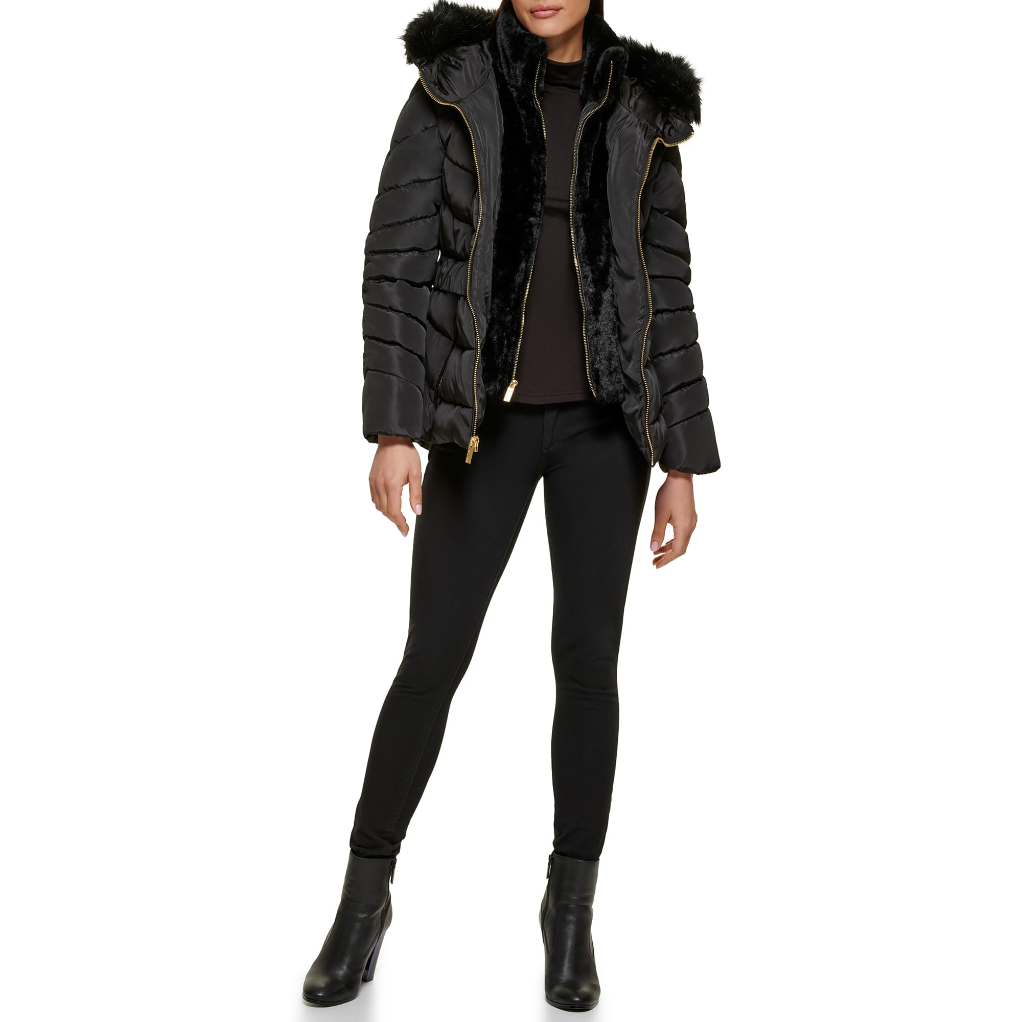 Guess Women's Fur Lined Black Midweight Puffer Jacket, S