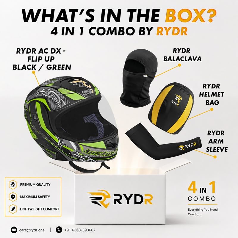 Image of Rydr AC Dx Flip-Up Full Face Motorbike Helmet | | Durable Two-Wheeler Helmet for Men and Women | Comfortable Fit with Air Ventilation for Safe Bike & Scooter Riding