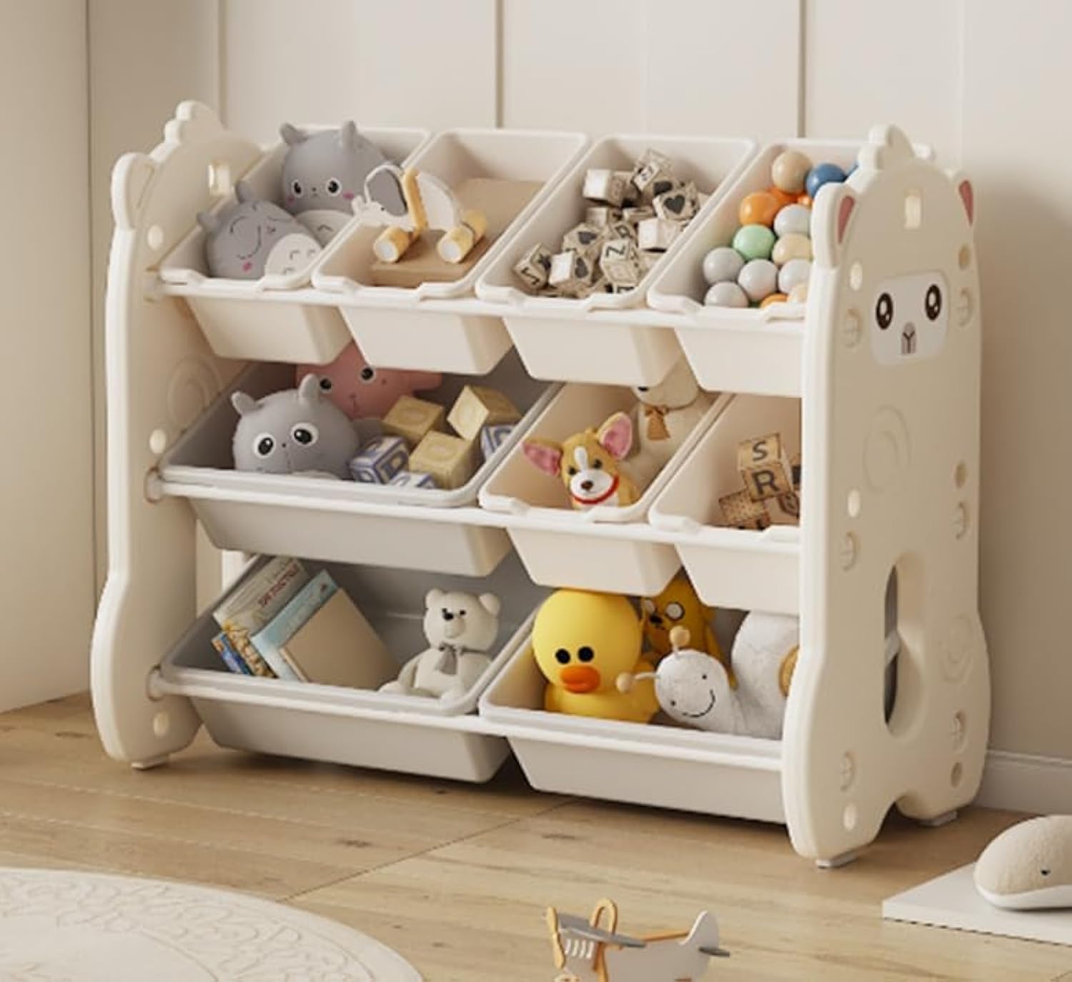 KIDSAVIA® - Toys Storage Organizer- Cute 3 Layer Shelves (White) Toys Collection Organizer, Kids Storage Box Shelf with (6 Small Drawers and 3 Big Bins) for Play in Bedroom Playroom