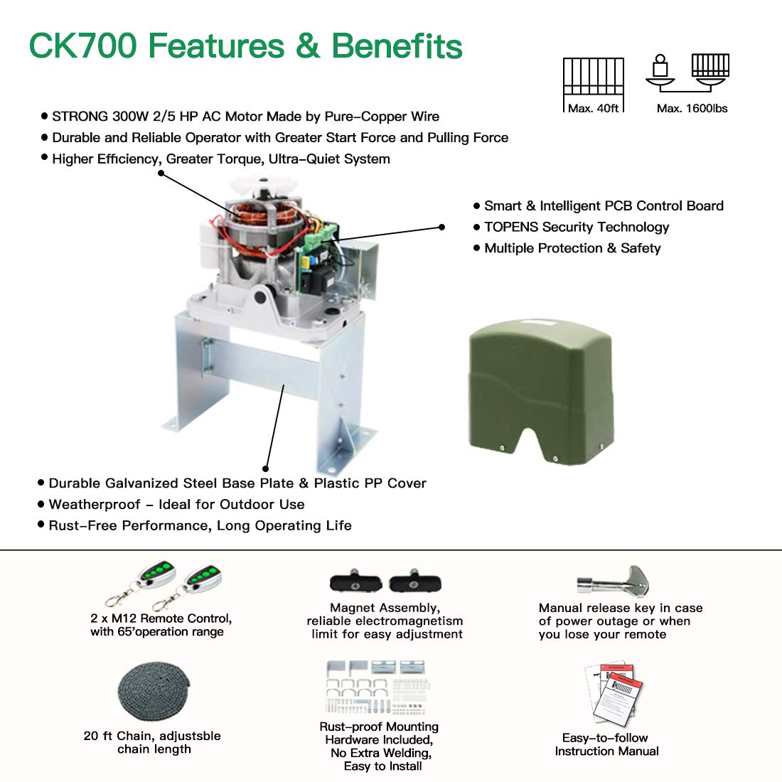 TOPENS CK700 Automatic Sliding Gate Opener Chain Drive Electric Gate