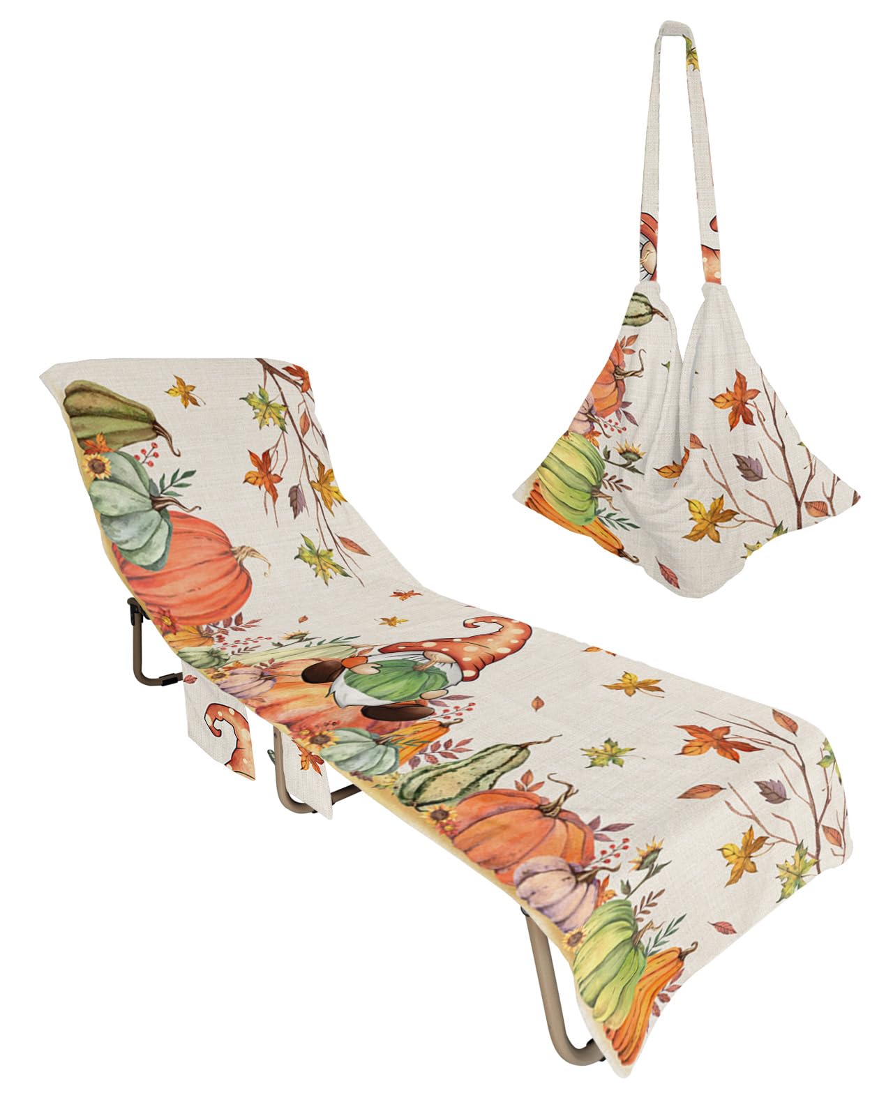 Harvest Festival, Beach Lounge Chair Towel Cover, Soft Chaise Lounge Towel with Side Pockets Patio Pool Chairs Cover for Beach/Pool Sunbathing 29x85 Thanksgiving Fall Boho Gnomes Pumpkin Leaves