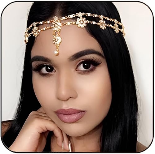 GORTIN Diadema de novia de boda, cadena de diamantes de imitación, diadema de cristal, cadena de pelo de flores, cadena de frente en capas,